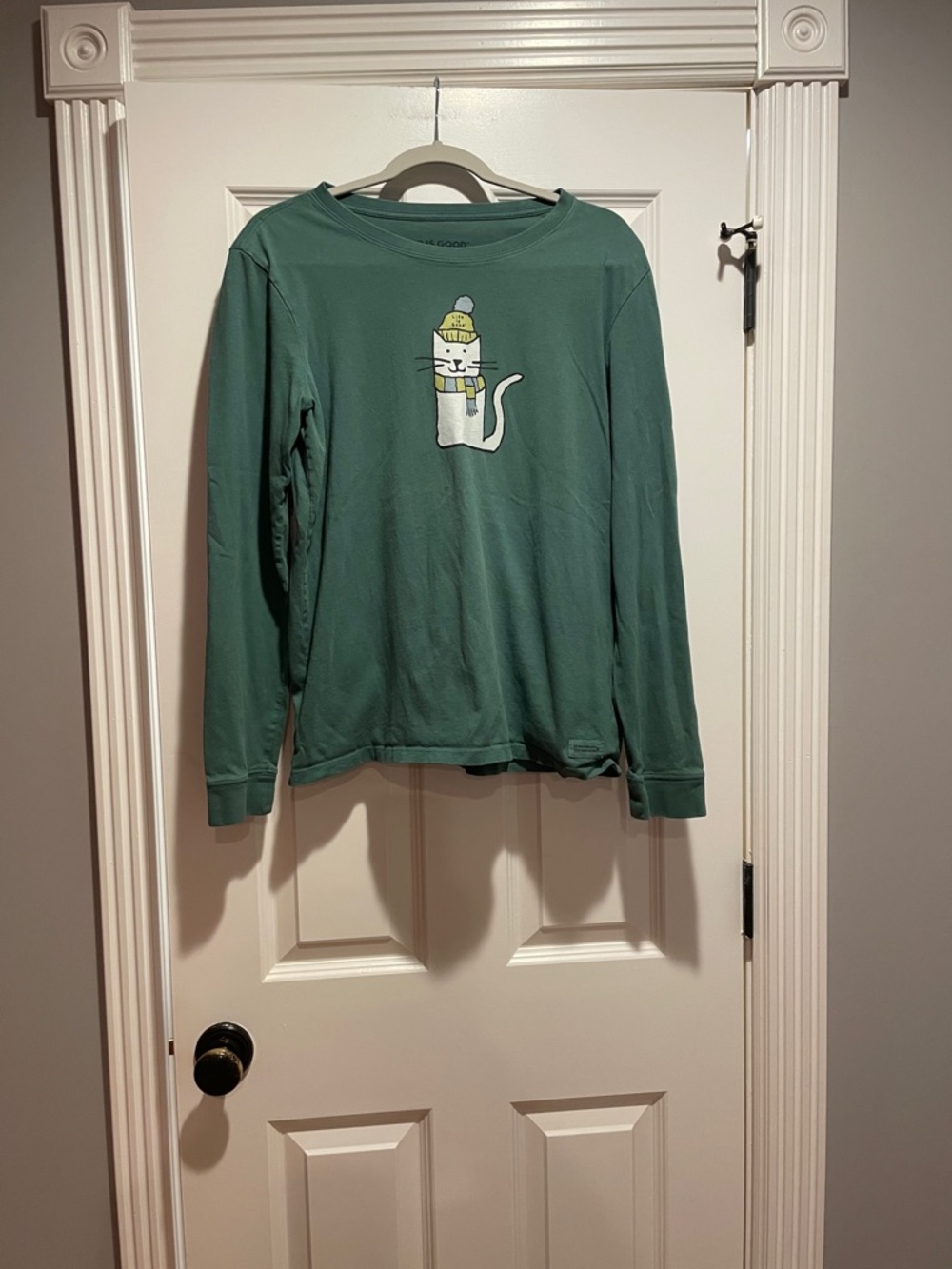 Life Is Good Green Long-Sleeve Tee with Cat Graphic